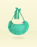 sac à volants forme croissant bleu turquoise et tissu brodé